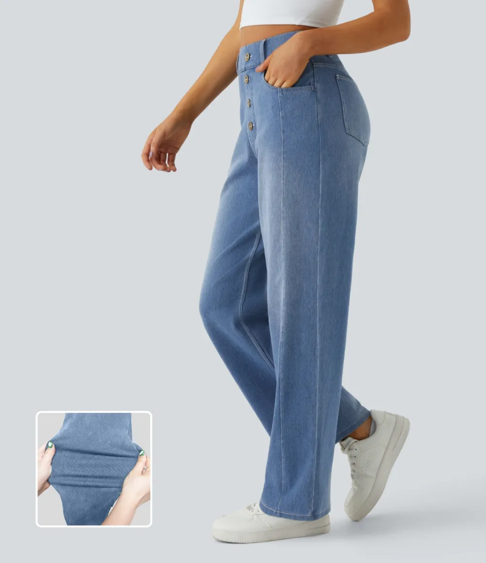 Magic High Waisted Decorative Button Multiple Pockets Straight Leg Stretchy Knit Casual Boyfriend Jeans