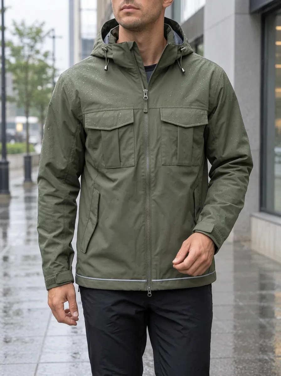 Men's Olive Green Waterproof Hooded Jacket