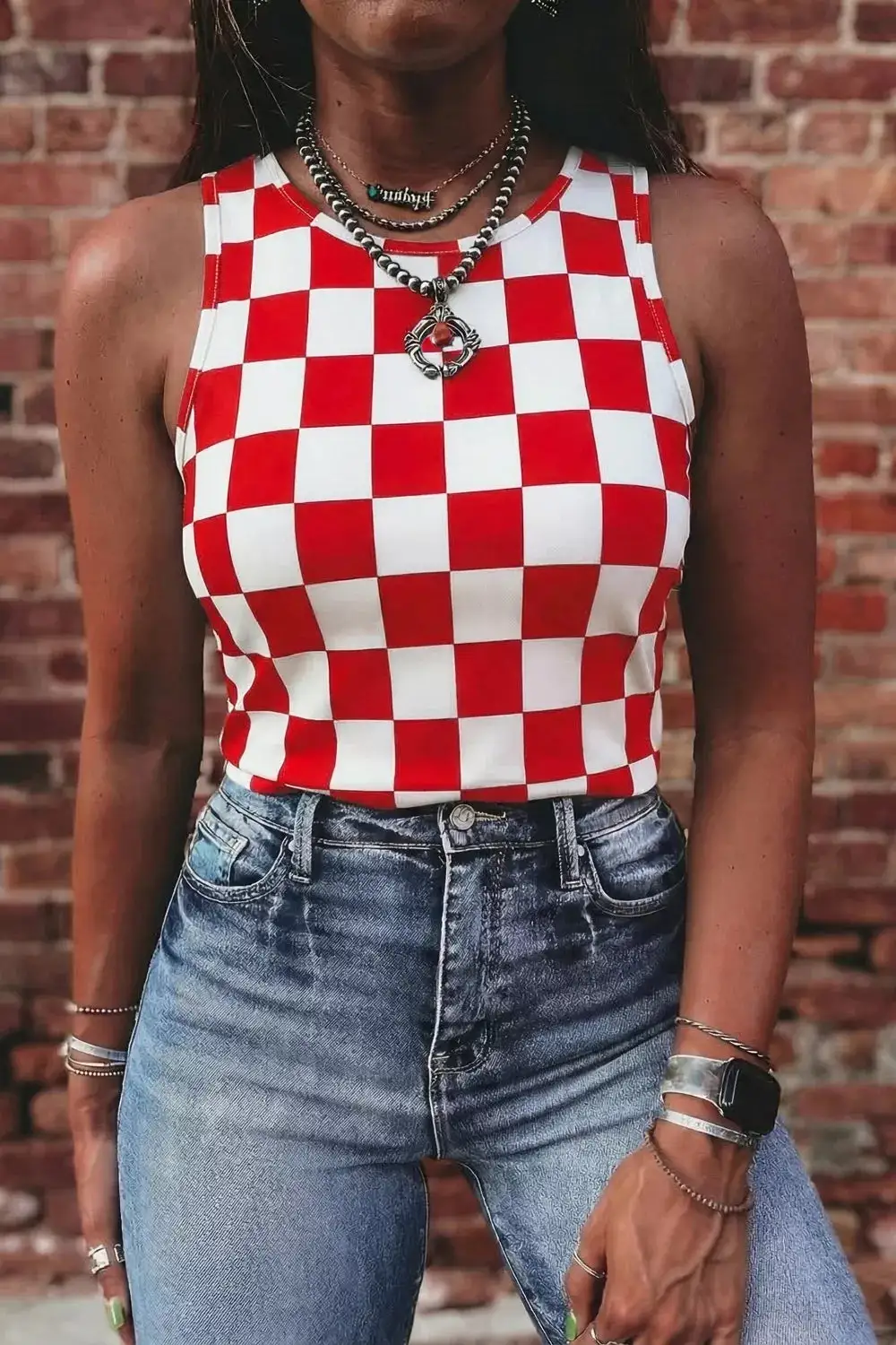 Checkered Print Round Neck Tank