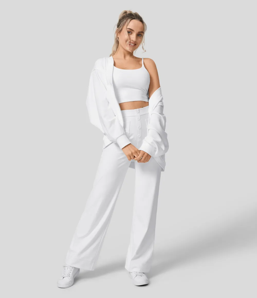 High Waisted Button Multiple Pockets Straight Leg Casual Pants