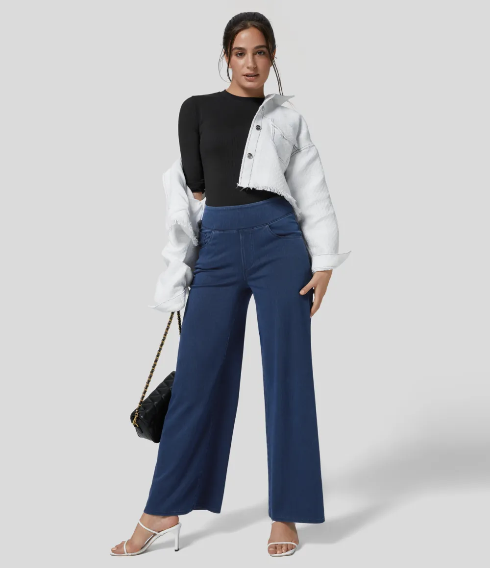 Magic High Waisted Multiple Pockets Wide Leg Loose Stretchy Knit Work Jeans