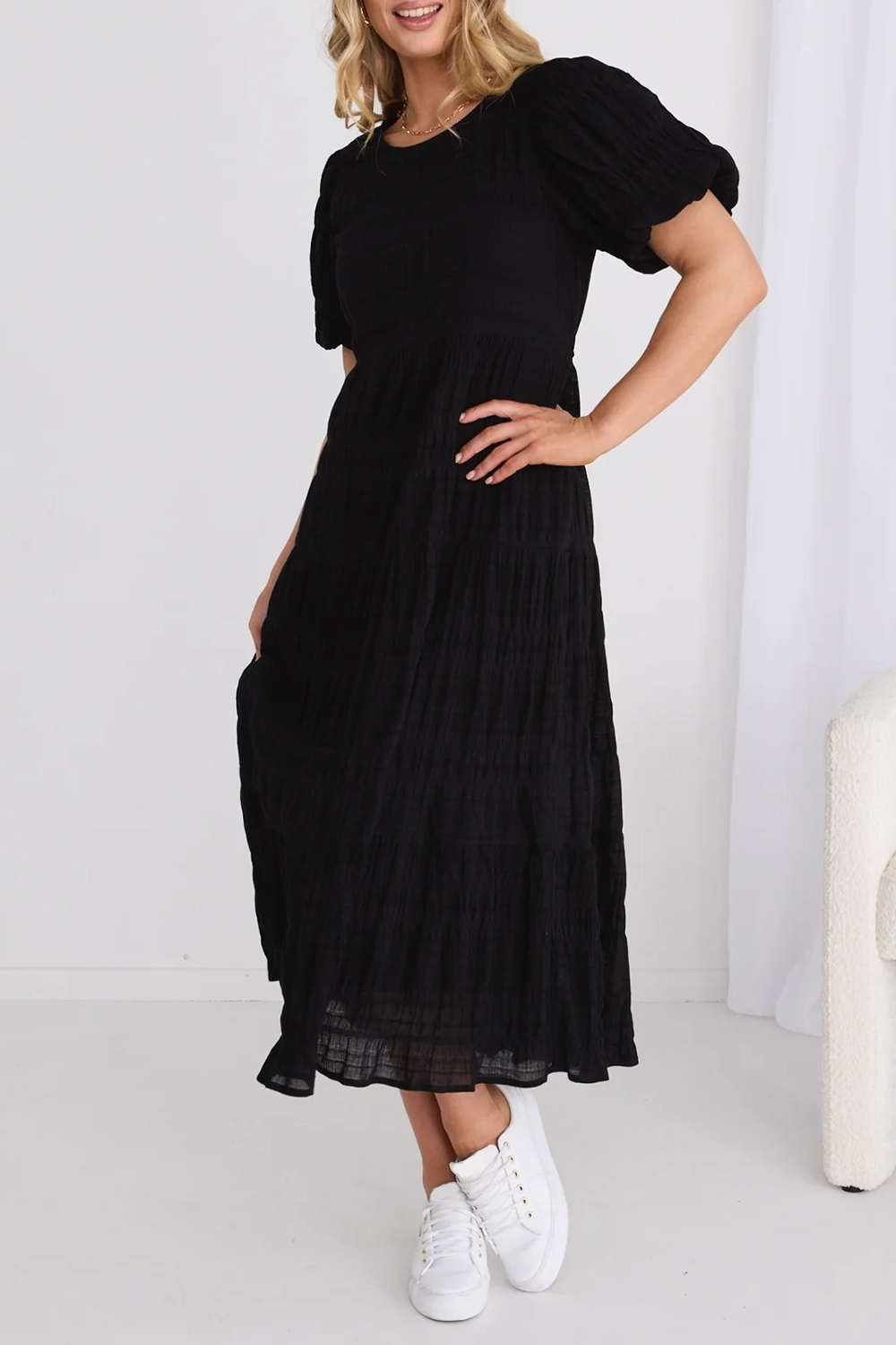 Black Shirred Cotton Bubble Sleeve Dress