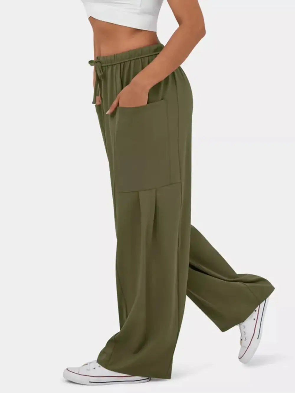 High Waisted Drawstring Wide Leg Pants
