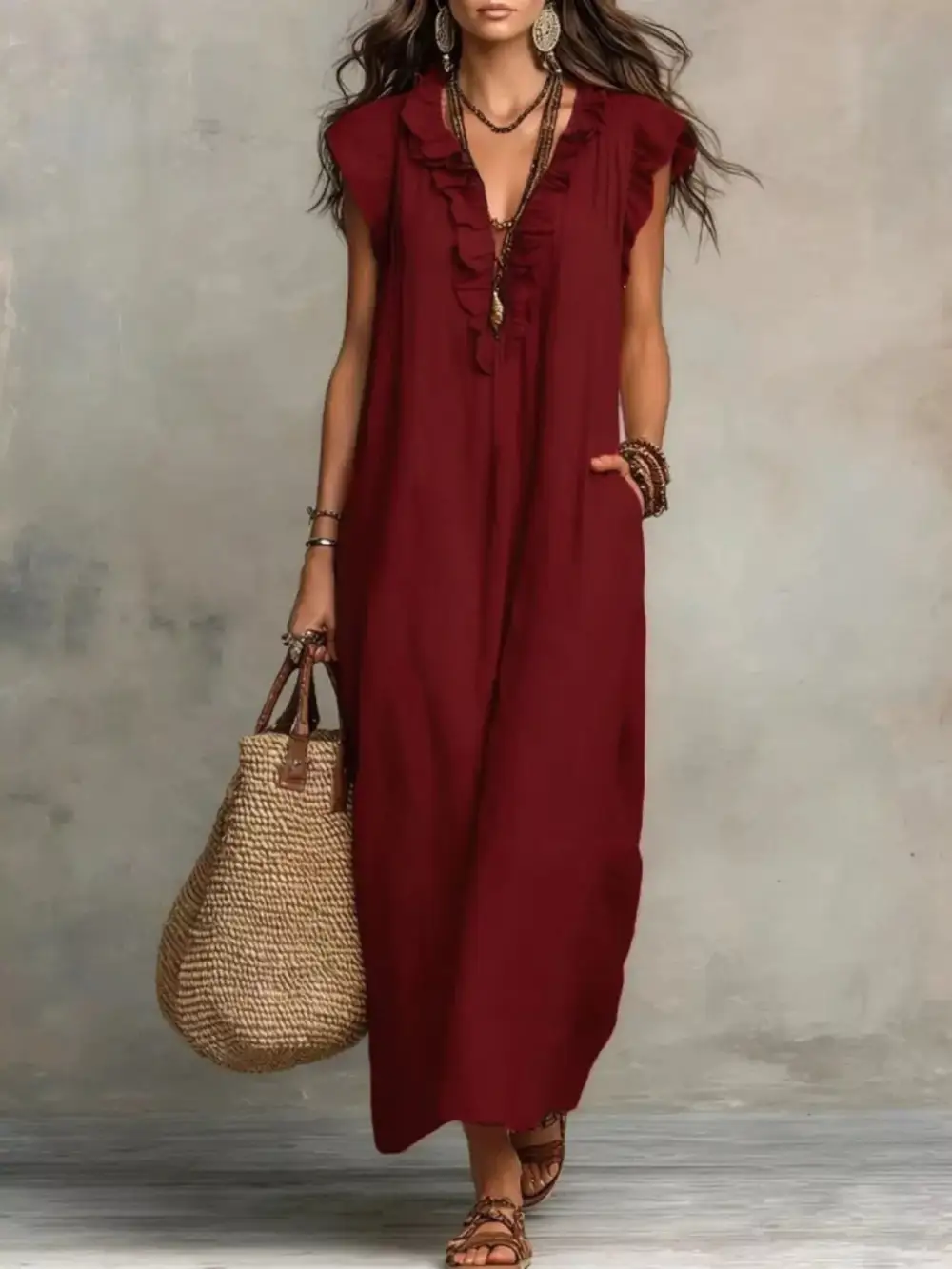 Ruffled V-Neck Maxi Dress