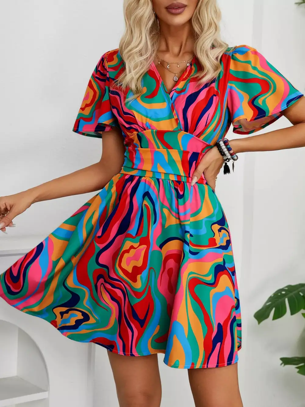 Soft Touch Printed Short Sleeve Mini Dress