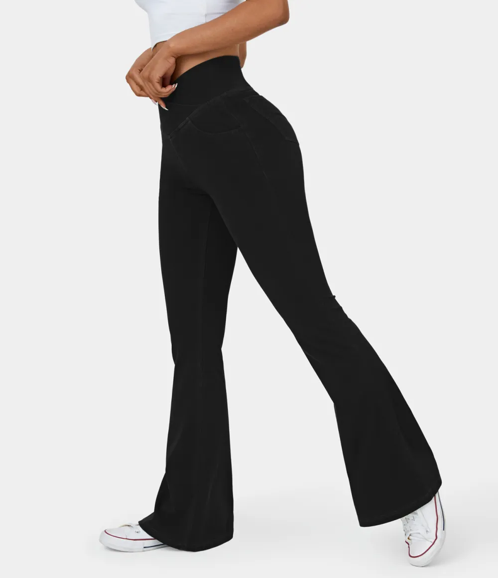 Magic High Waisted Crossover Pocket Cool Touch Washed Stretchy Knit Casual Super Flare Jeans