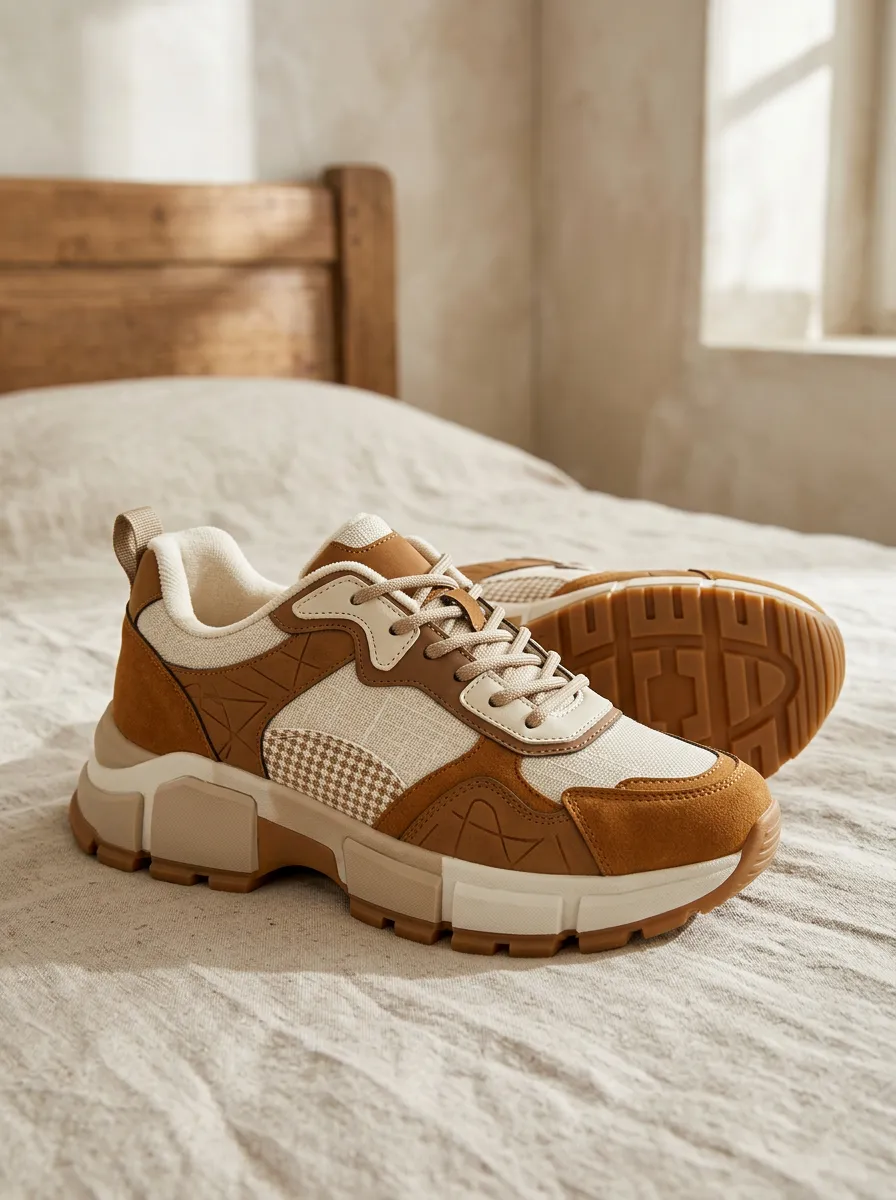 Women's Casual Brown Houndstooth Patchwork Printed Sneakers