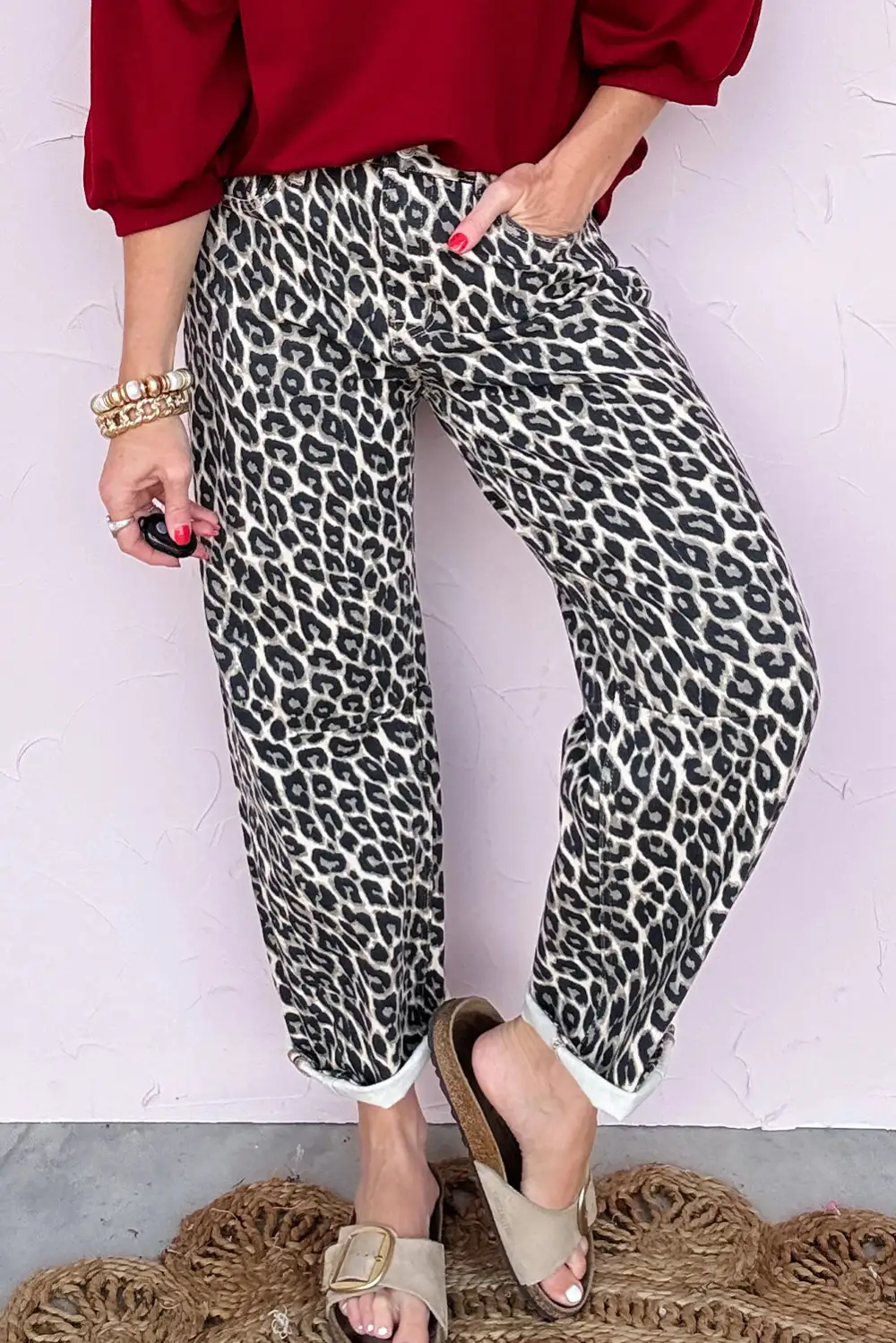 Barrel-Leg Leopard-Print Straight Leg Jeans