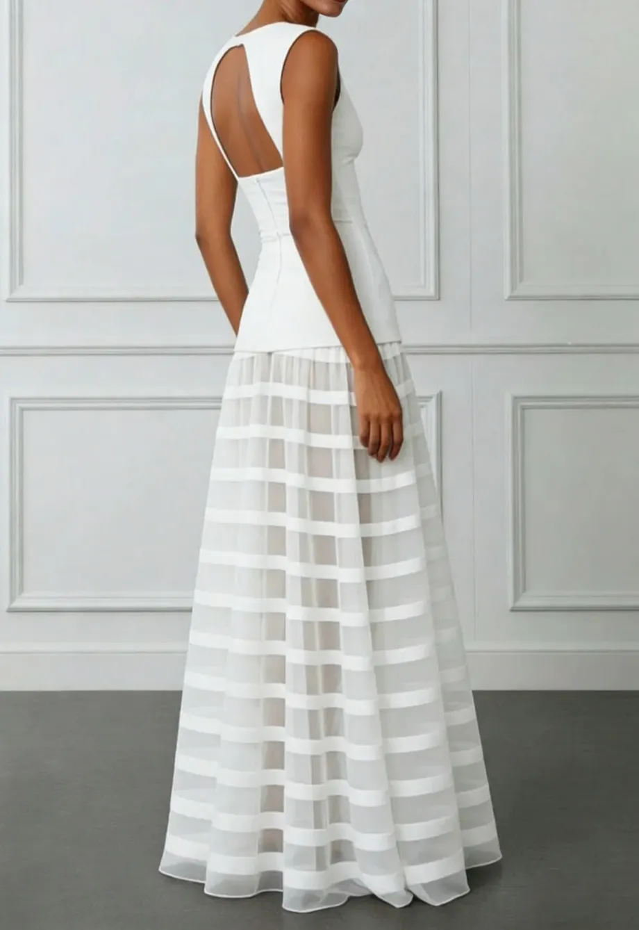 Boat Neck Stripe Tulle Maxi Gown