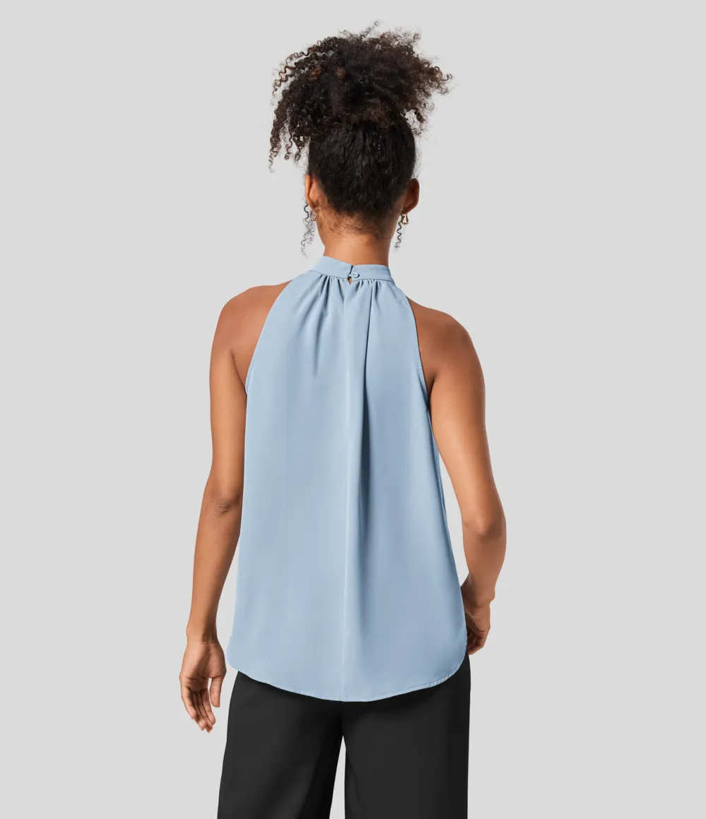 Keyhole Back Halter Plicated Sleeveless Curved Hem Work Blouse