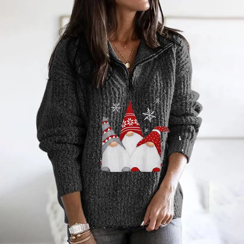 Santa Print Zipped Long Sleeve Knitted Sweater