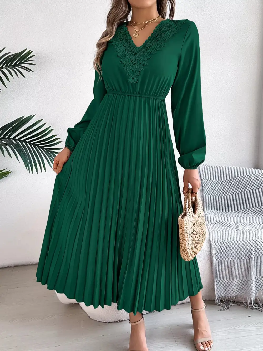 Lace V Neck Pleated Dress Casual