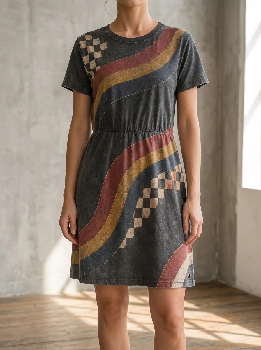 Women's Retro Vintage Style Checkerboard Striped Printed Dress