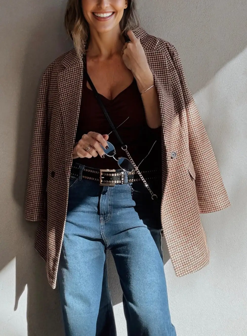 Women's Houndstooth Lapel Collar Blazer