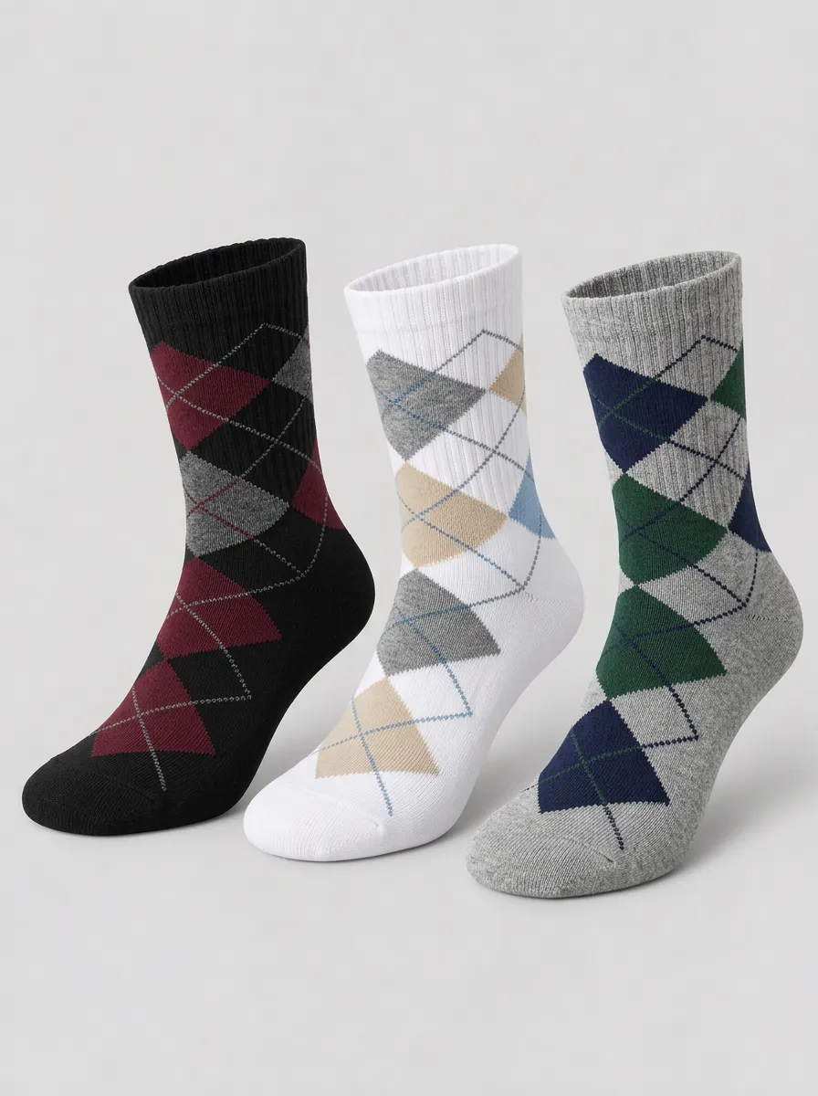 Men's Multicolor Argyle Pattern Mid-Calf Crew Socks 3-Pack