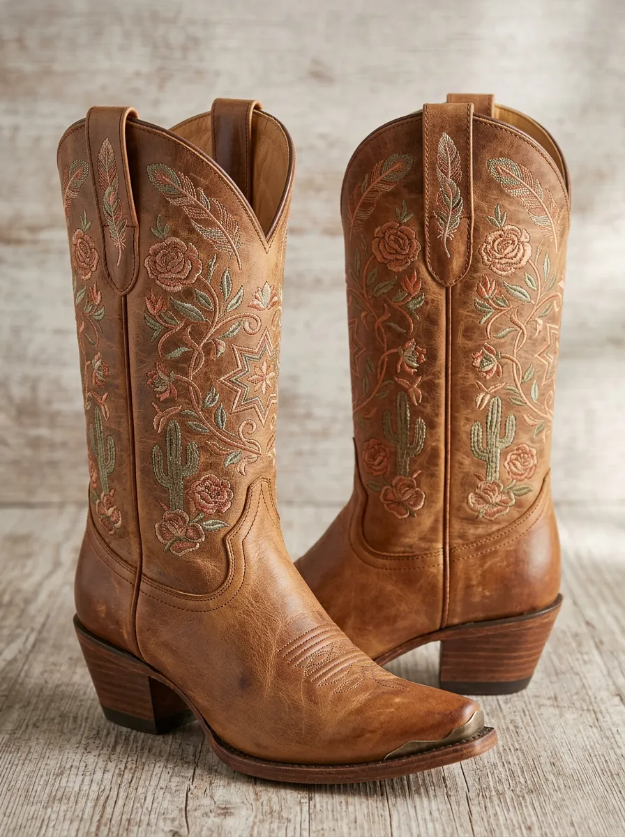 Frontier Cactus Rose Feather Style Unisex Western Cowboy Boots
