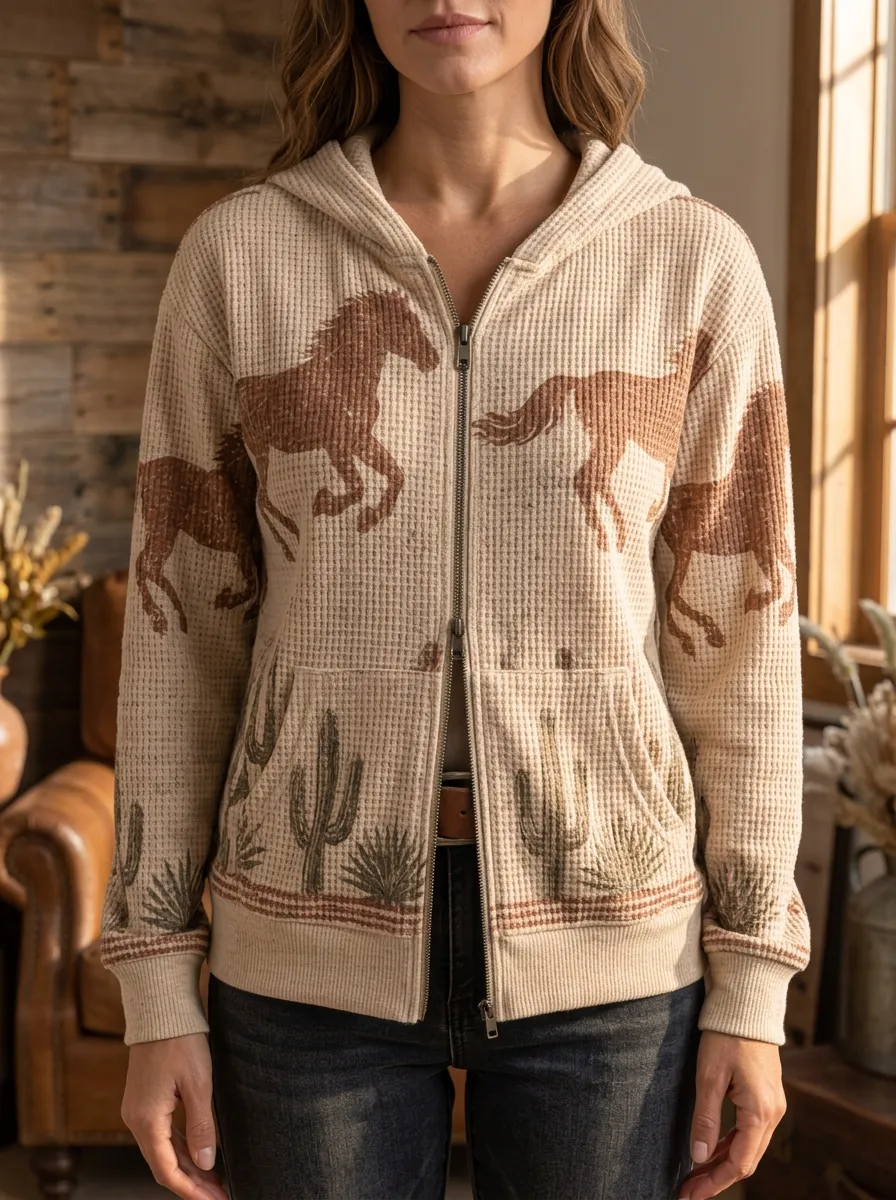 Women's Western Horse Cactus Signature Pattern Waffle Zip-Up Hoodie