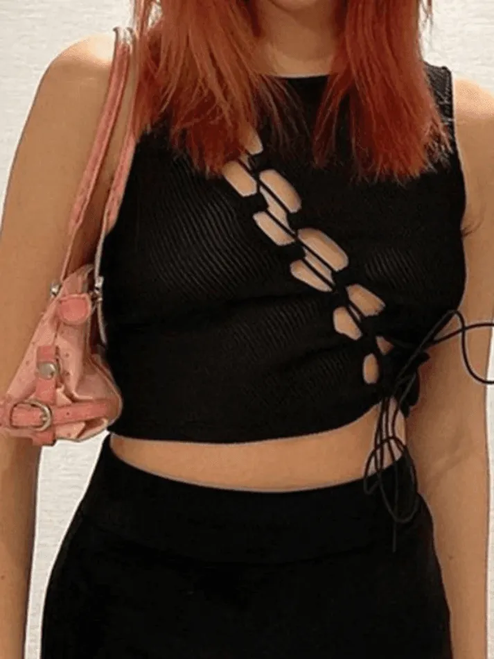 Classic Crew-Neck Lace Cutout Lace-Up Tank Top