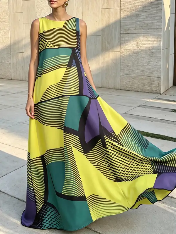 Striped Sleeveless Neck Maxi Dress