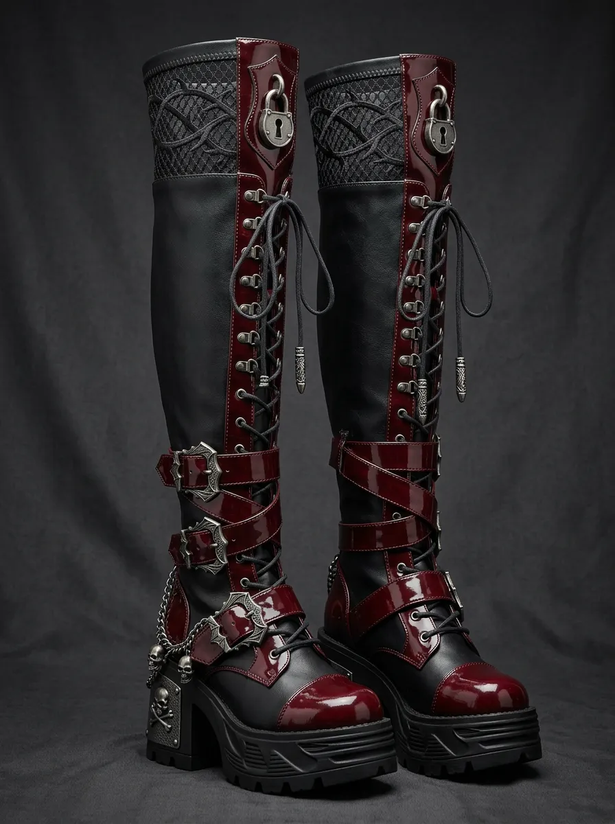 Classic Gothic Skull Chain Collection Women's Gothic Platform Knee High Boots