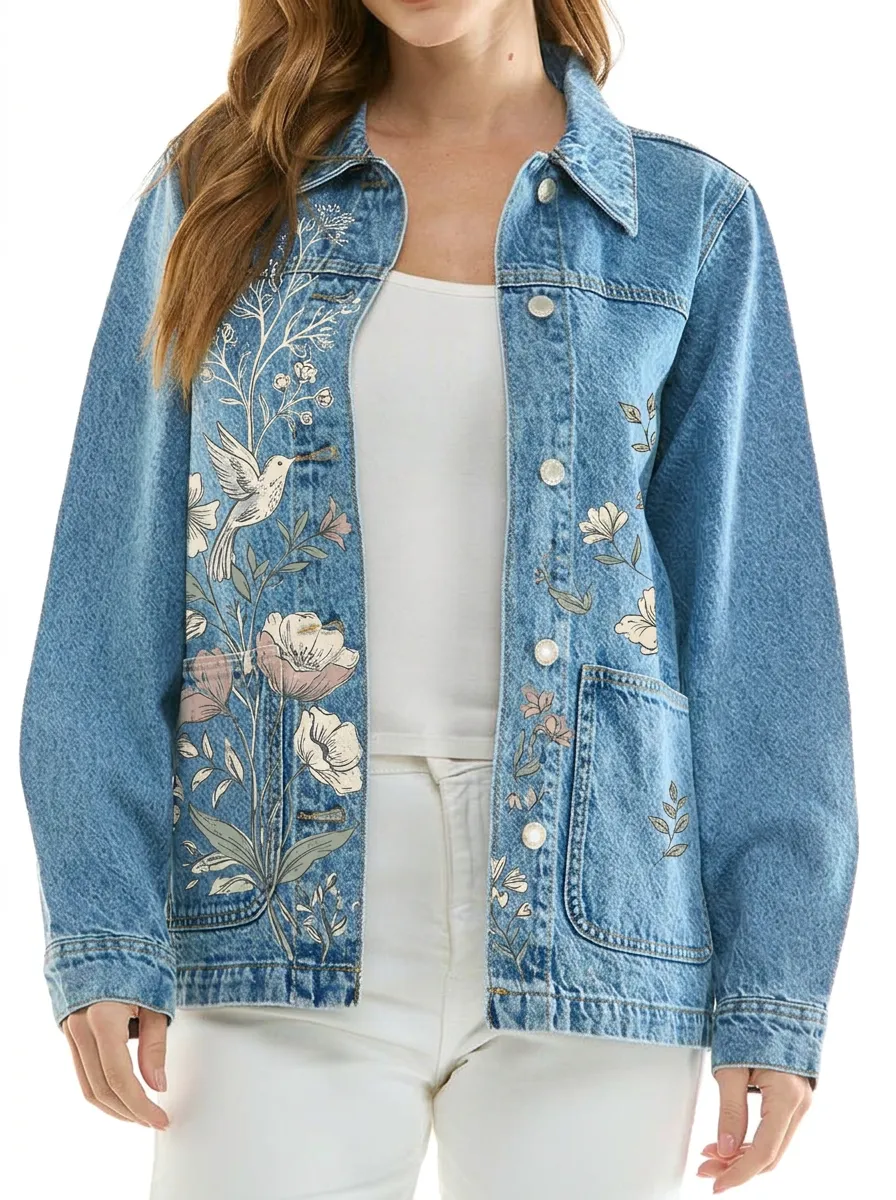 Women's Nature Lover Hummingbird Floral Printed Denim Jacket