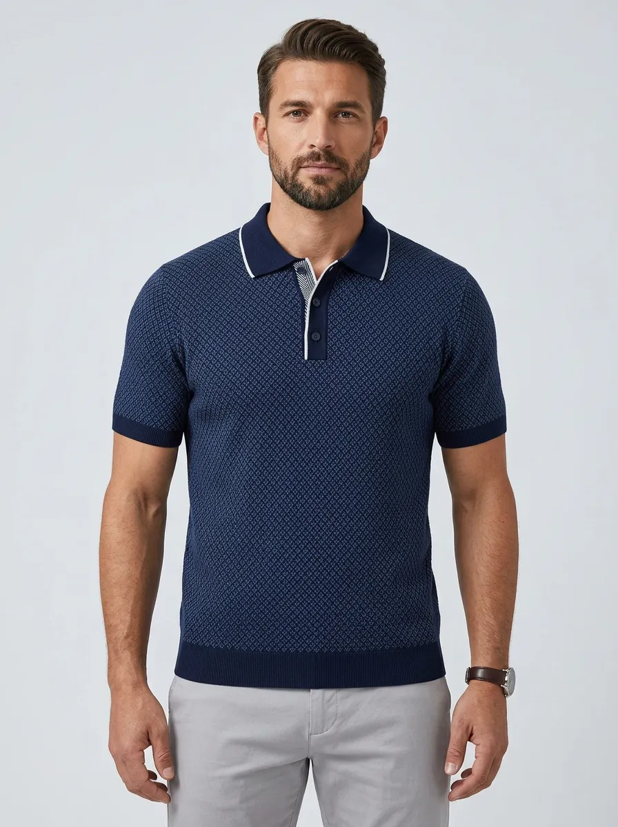 Men's Geometric Pattern Navy Blue Knitted Polo Shirt