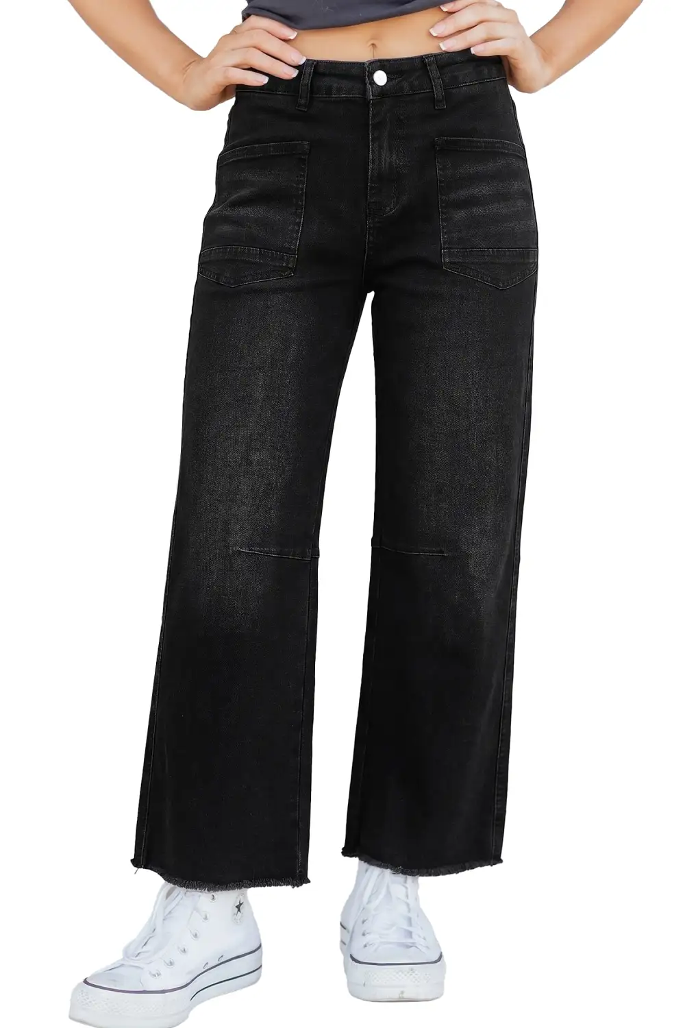 Cropped Raw-Hem Frayed Straight Leg Jeans