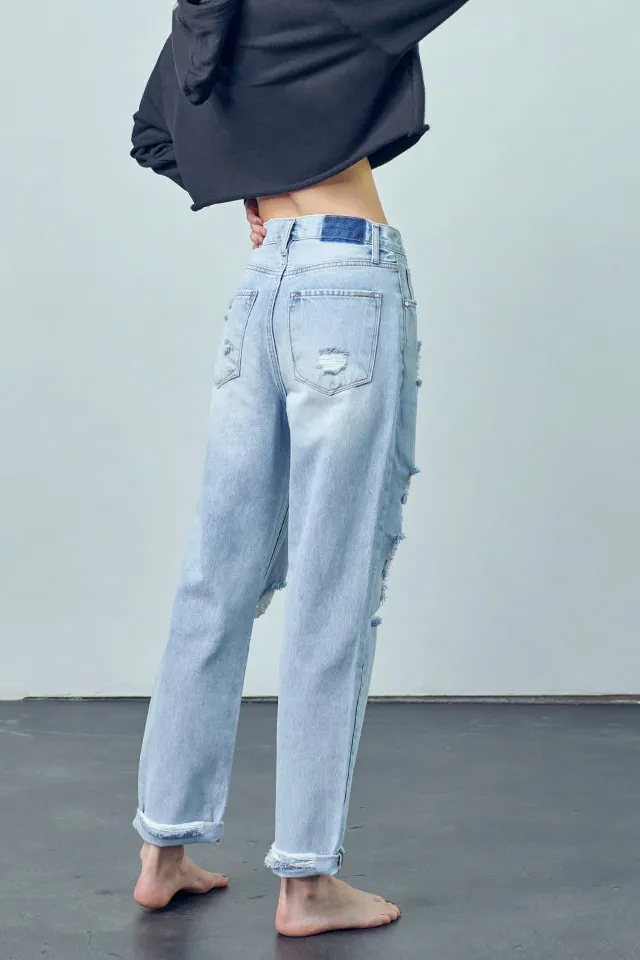 Women's High Rise Crossover Distressed Girlfriend Rigid Denim Jeans