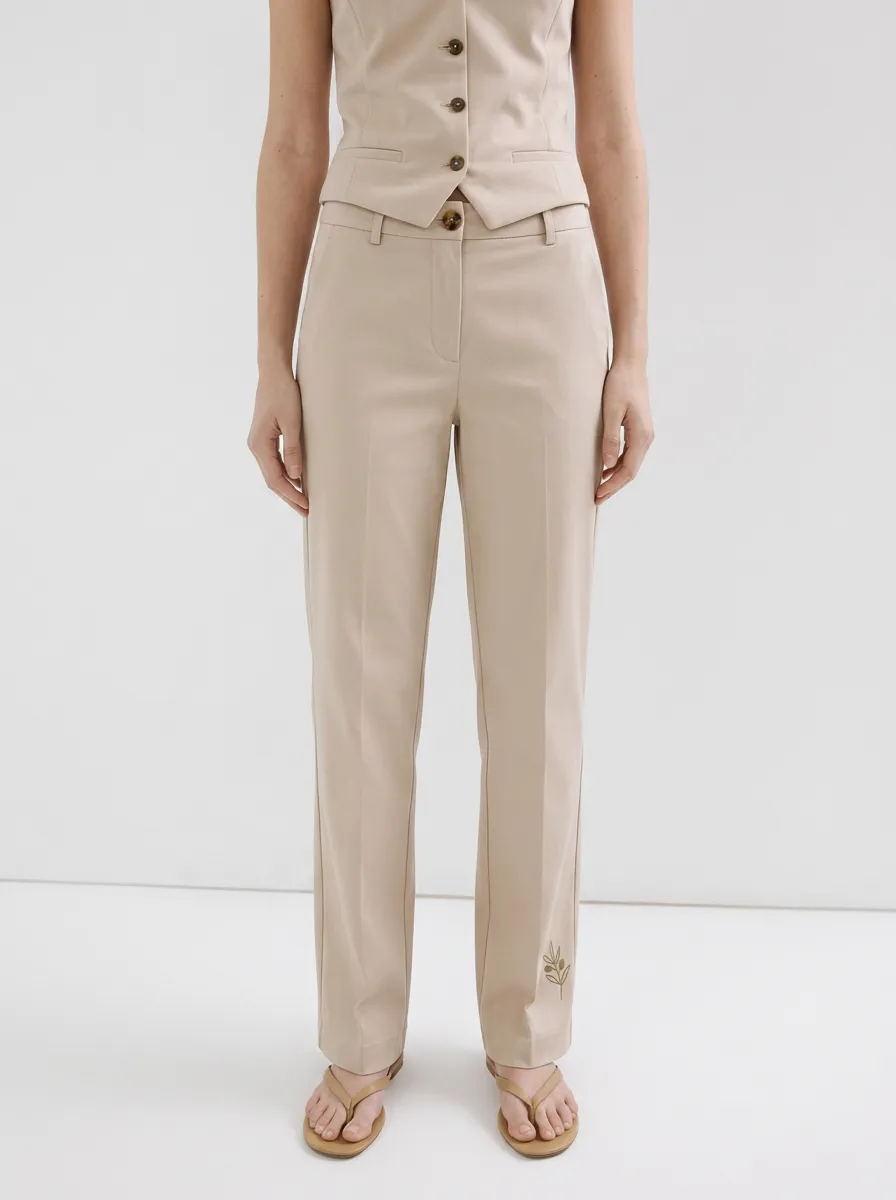 Women's Minimalist Olive Branch Printed Mid-Rise Straight Leg Trousers
