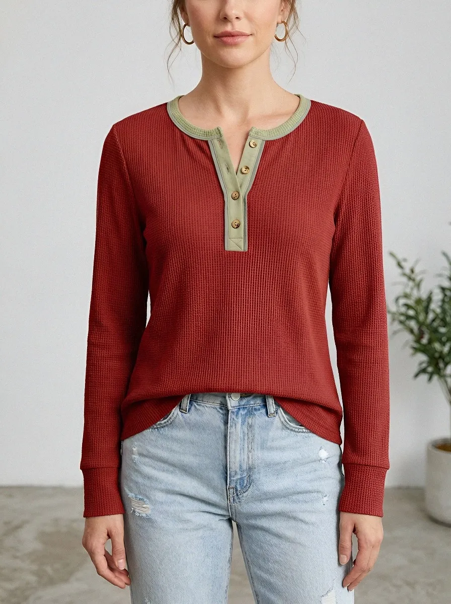 Women's Casual Olive Green Waffle Knit Button Henley Shirt