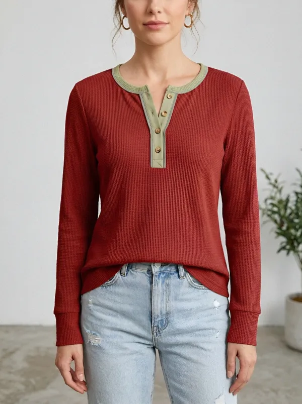 Women's Casual Olive Green Waffle Knit Button Henley Shirt