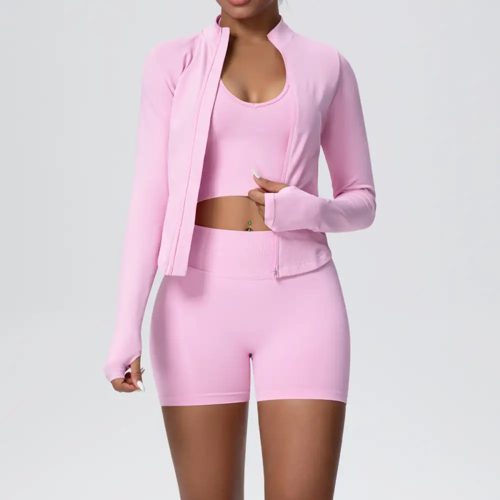 Long-Sleeve High-Waist Jacket, Bra and Vest Active Set