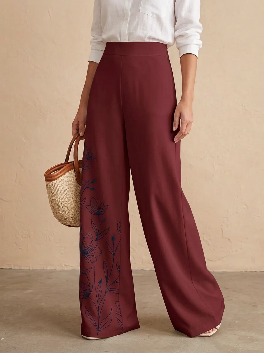 Women's Floral Botanical Blue Ink Patterned High-Waist Wide-Leg Pants