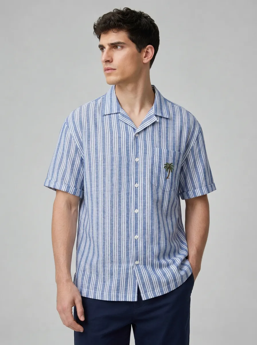 Men's Summer Beach Vacation Palm Tree Embroidered Striped Shirt