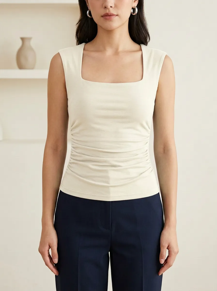 Square-Neck Waist-Ruched Ruched Tank Top