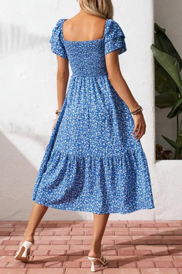 Women's Floral Print Square Neck Short Sleeve Ruffled Dress
