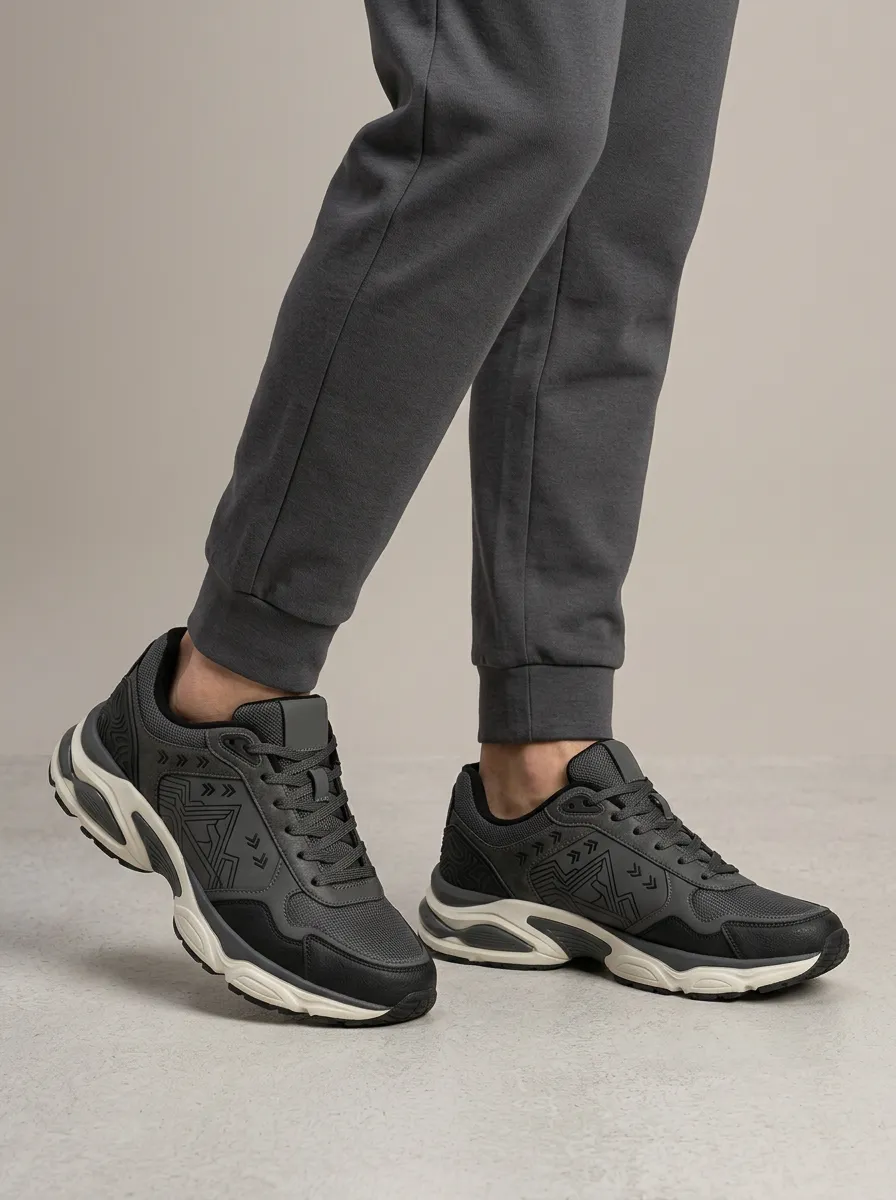 Men's Charcoal Geometric Pattern Athletic Sneakers