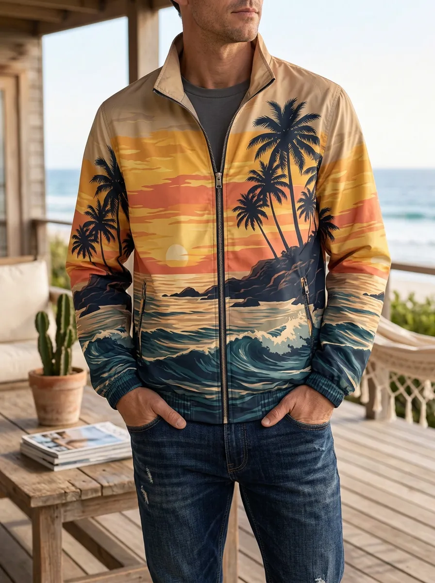 Men's Tropical Beach Sunset Palm Tree Rugged Escape Jacket