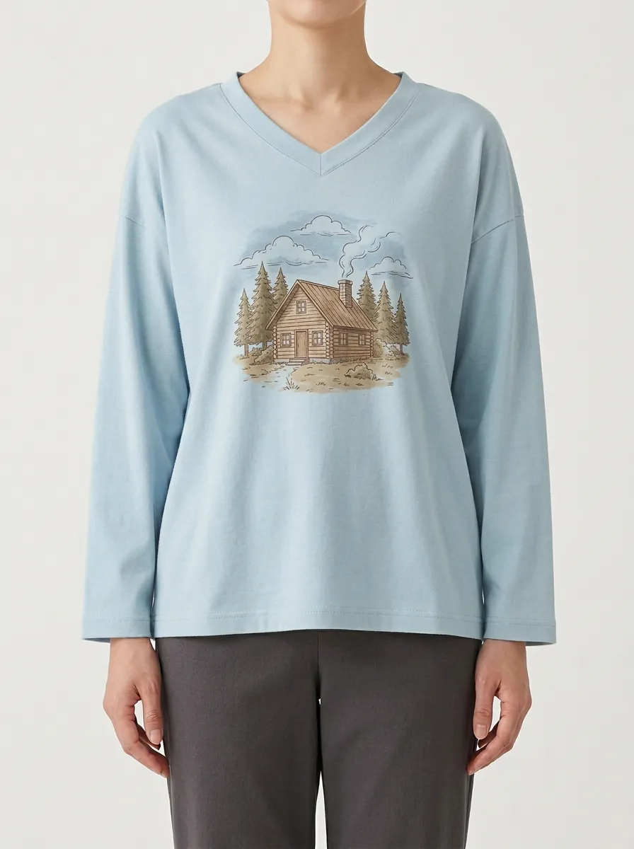 Women's Cabin Graphic V-Neck Long-Sleeve T-Shirt