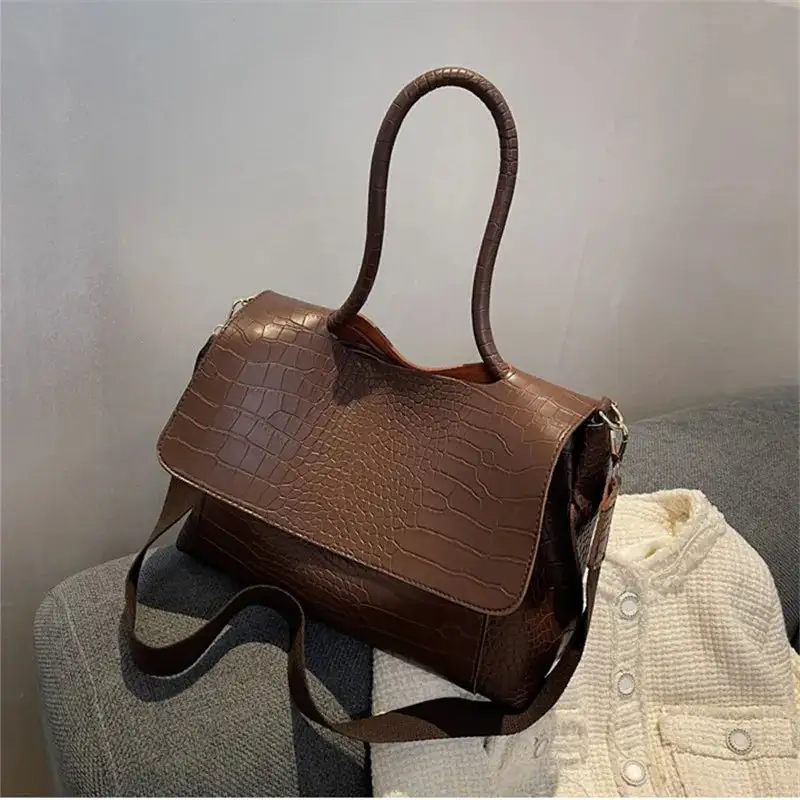 Chic Espresso Croc Embossed Shoulder Bag