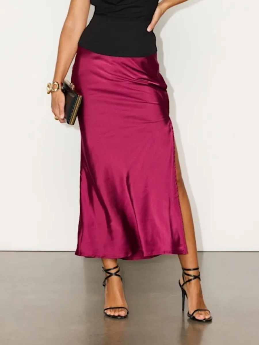 Satin Ruched Side Slit Skirt