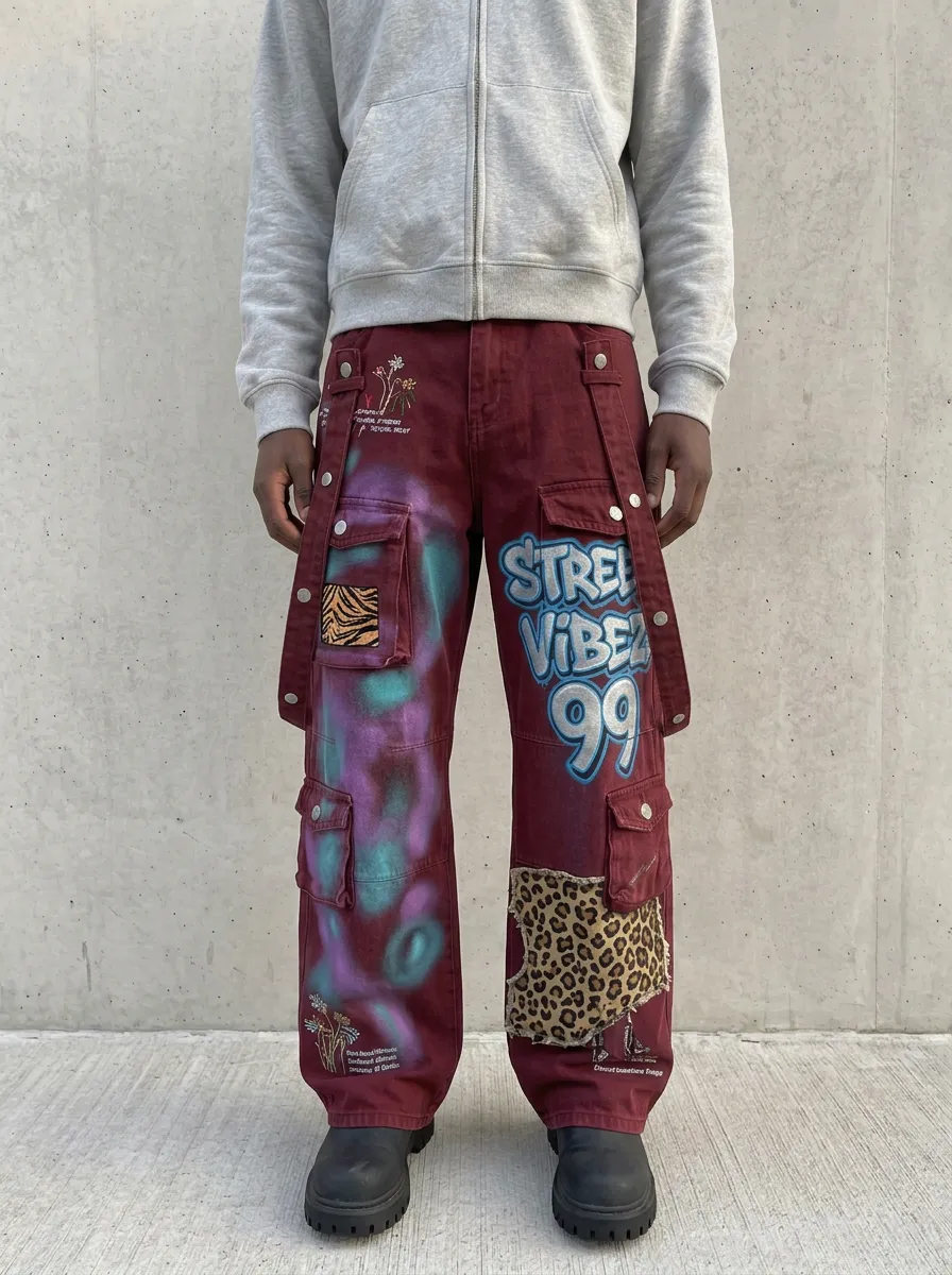 Men's Canvas Graffiti Leopard Patchwork Graphic Cargo Jeans