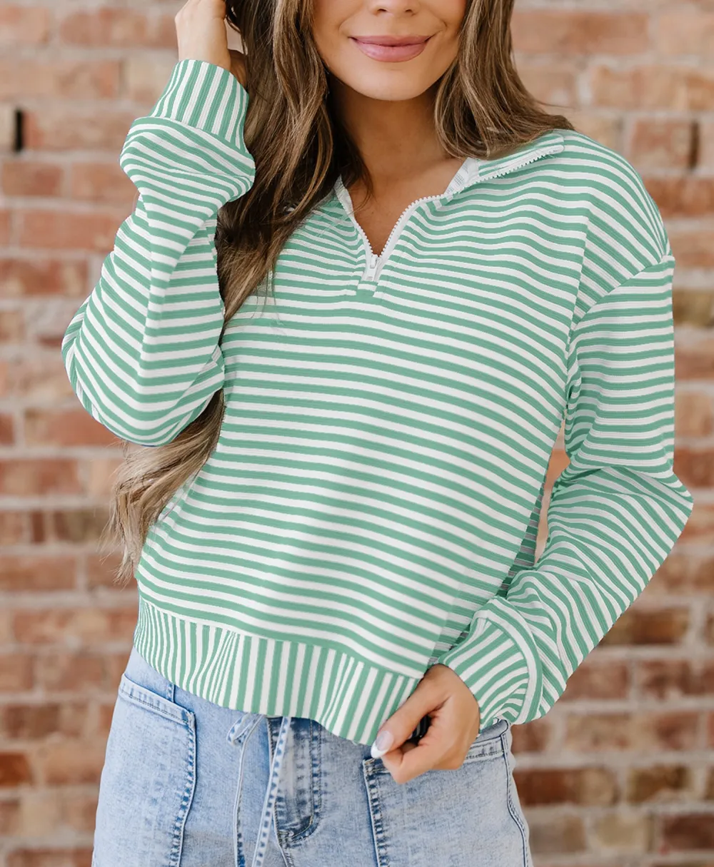 Women's Striped Collared Quarter Zip Pullover Top