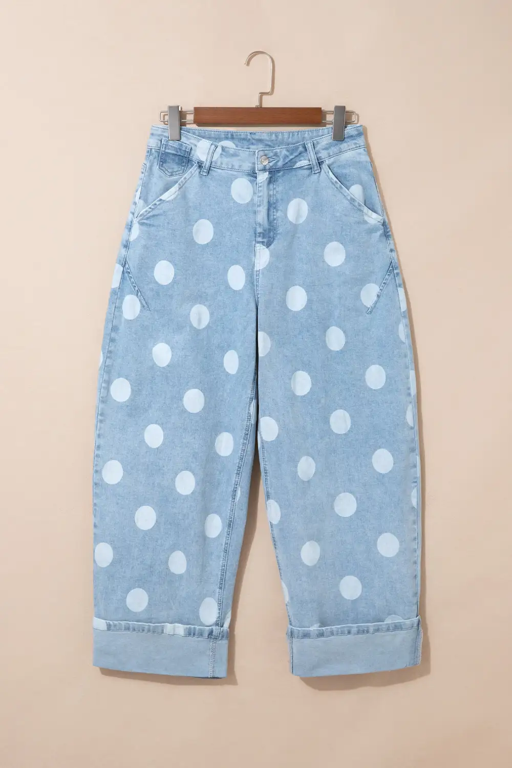 Women's Casual Ankle Length Jeans With Polka Dot Print And Metal Buttons