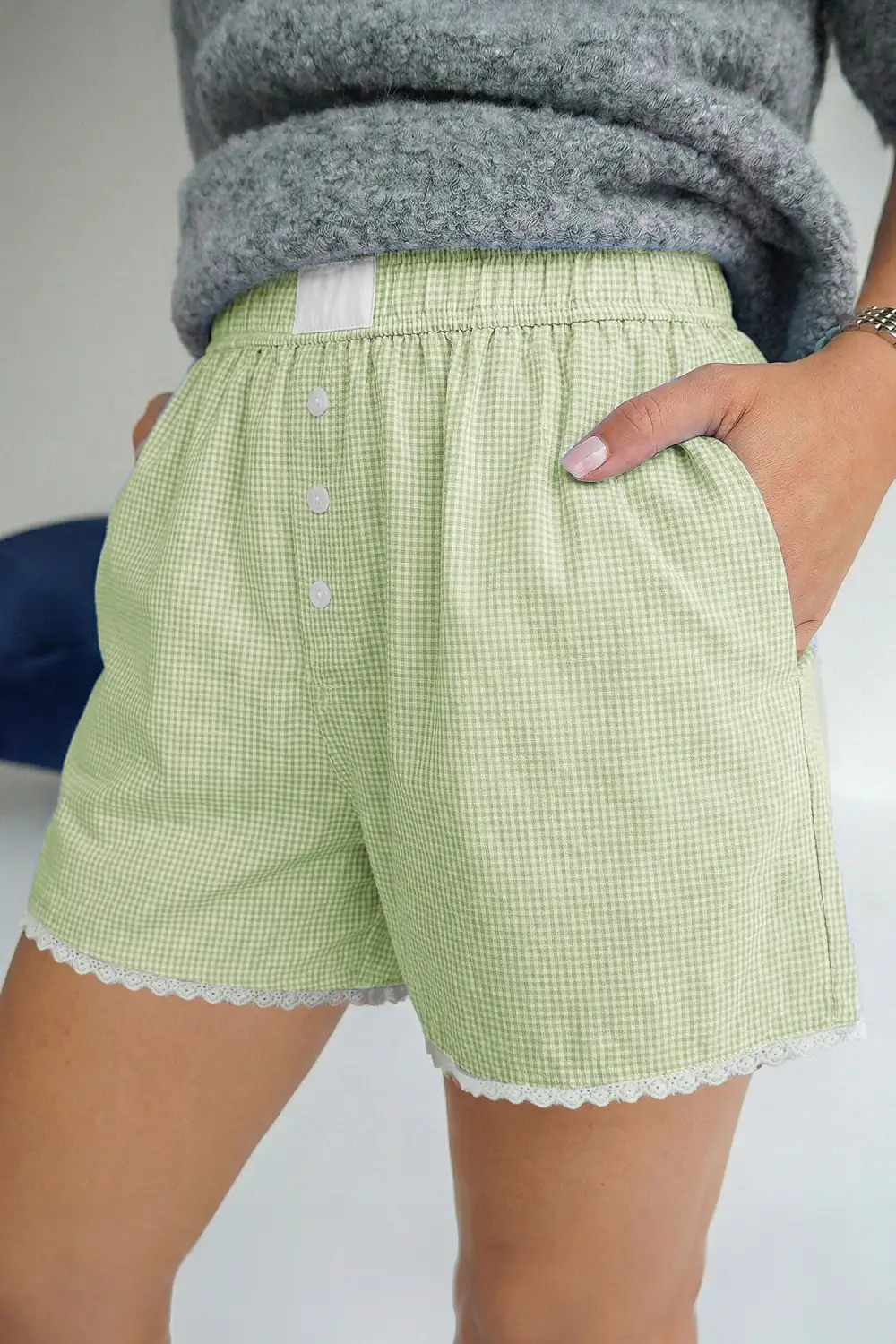 Elastic-Waist Lace-Trim Button-Detail Plaid Casual Shorts
