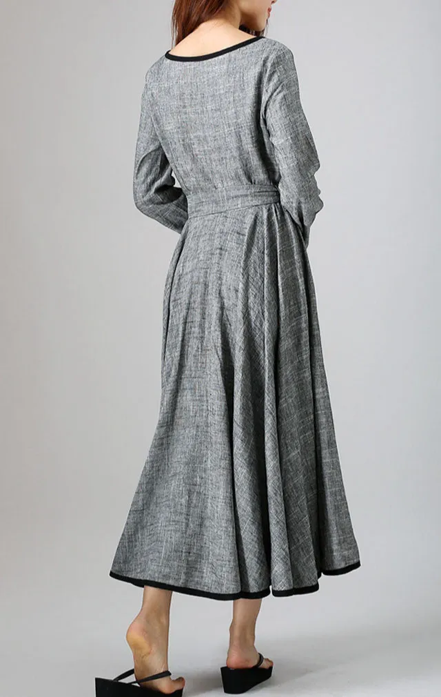 Classic Linen A Line Pleated Long Sleeve Maxi Dress