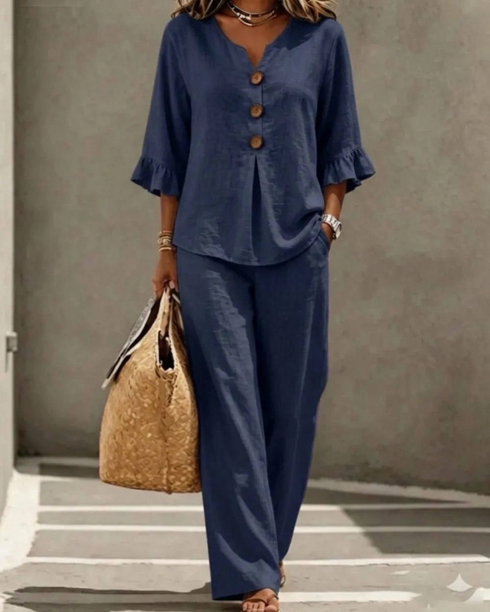 Vacation Two-Piece Set Ruffle Sleeve Top Button Relaxed Outfit