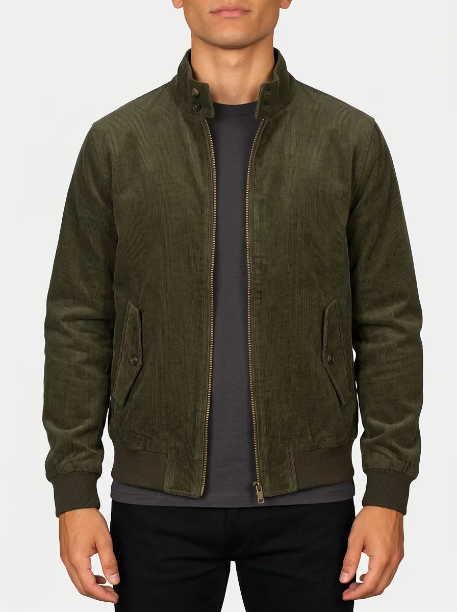 Men's Casual Olive Green Corduroy Zip-up Bomber Jacket