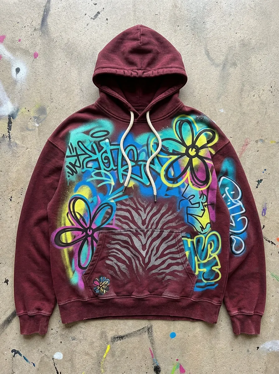 Men's Streetwear Graffiti Flower Zebra Printed Hoodie