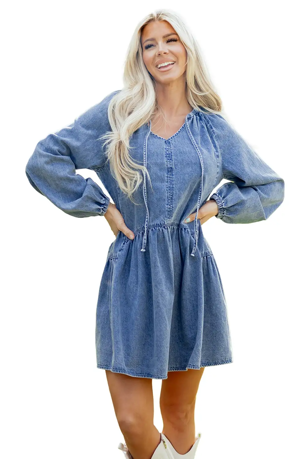 Denim V Neck Ruffle Mini Dress